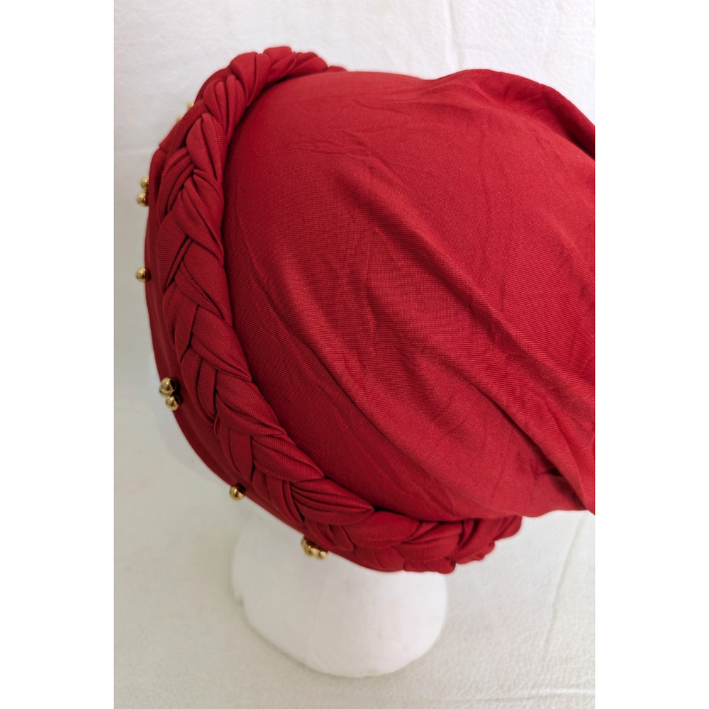 Womens Hijab Cap Red Gold Beads Twisted Braid Head Wrap Turban Chemo Headwear - Picture 3 of 5